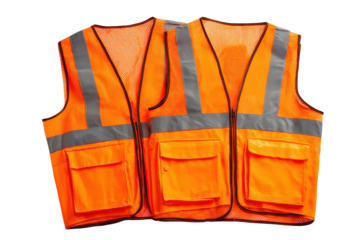 Bright orange safety vest with reflective stripes isolated on transparent background. High visibility orange safety vest with reflective strips for work isolated on white background.