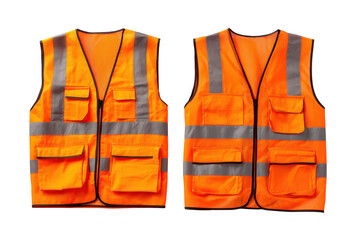 Orange safety vests with reflective stripes isolated on transparent background. Bright orange safety vests with reflective strips for enhanced worker protection isolated on white background.