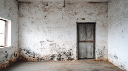 Fototapeta premium Interior view of an abandoned room featuring distressed white walls, a wooden doorway, and a small window.