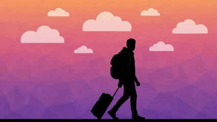 A lone traveler with luggage walks into the distance under a vibrant orange and purple sky with clouds
