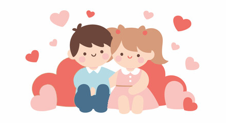 Cute cartoon boy and girl sitting together surrounded by pink hearts illustration.