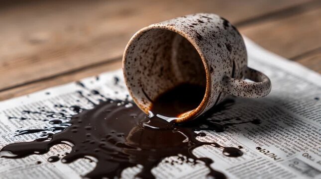 Top-down unfiltered shot of a knocked-over coffee mug on a wooden table, dark coffee spilling across a newspaper or laptop, capturing accident, chaos and everyday realism.
