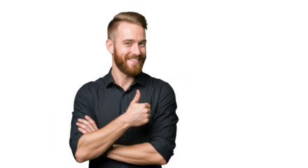 Happy bearded man giving thumbs up and smiling isolated on transparent background