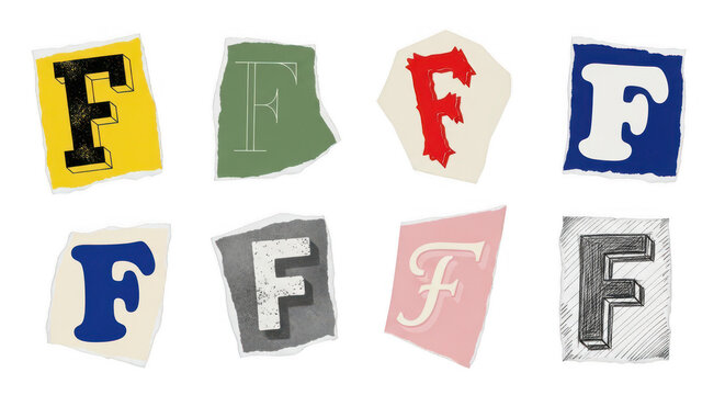 Collection of torn paper scraps with the letter f in various styles isolated on transparent background