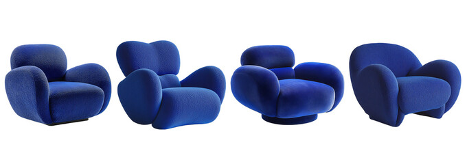 Blue velvet armchairs furniture collection isolated on transparent background