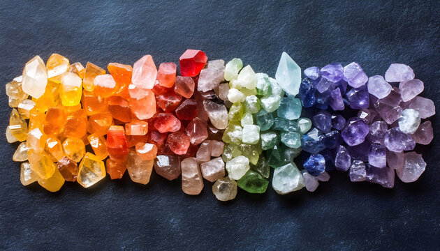 Overhead view of chakra crystals arranged in rainbow spectrum no people visible seven chakra stones color healing spiritual alignment energy centers crystal therapy reiki