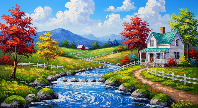 Countryside Stream and Cottage Oil Painting with Vibrant Colors 3D relief wallpaper for mural wall art, canvas print, wall decor painting design