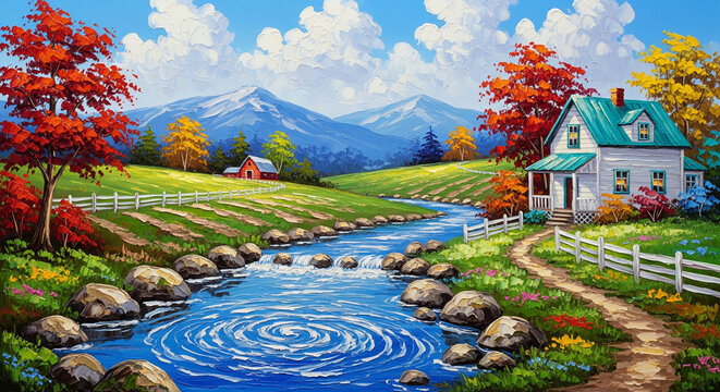 Countryside Stream and Cottage Oil Painting with Vibrant Colors 3D relief wallpaper for mural wall art, canvas print, wall decor painting design