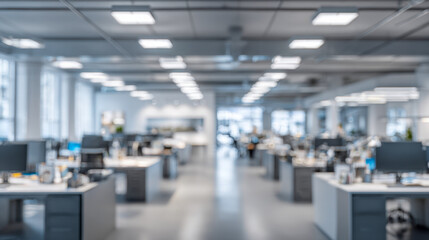Spacious modern office interior with rows of desks, computers, and bright overhead lighting in an open-plan collaborative work environment