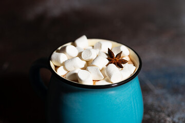 mug of hot chocolate with marshmallows on dark background, closeup