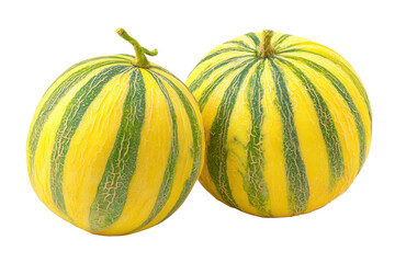 Yellow and green striped melons isolated on transparent background. Two ripe striped striped melons with green and yellow skin isolated on white background.