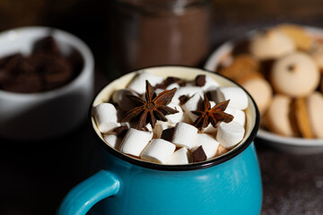 spicy hot chocolate with marshmallows and cookies on dark background, horizontal