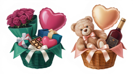 Love's Gift Baskets: A charming still life presents two exquisite gift baskets, each brimming with expressions of affection, featuring a cuddly teddy bear and rich red wine
