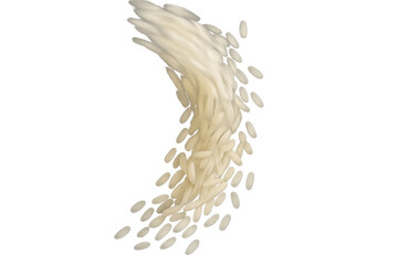 Falling white rice grains creating a dynamic flow, healthy food ingredient pouring, transparent background