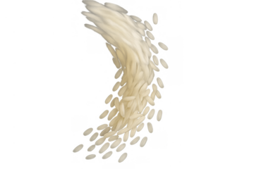 Falling white rice grains creating a dynamic flow, healthy food ingredient pouring, transparent background