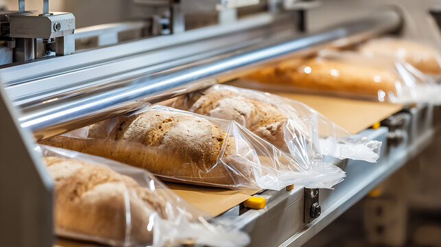 Automated bread packaging process. Freshly baked loaves are sealed in plastic on a production line. The industrial setting ensures efficient and hygienic handling of food products.