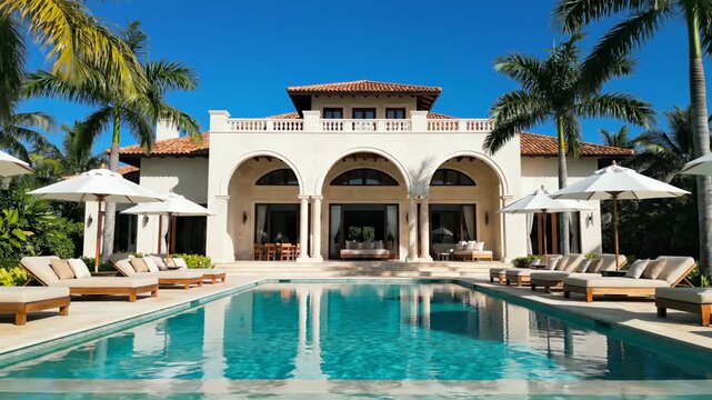 Luxury villa reflects in pool with palm trees around. Mediterranean villa features pool and loungers. Villa shows luxury architecture with pool. Palm trees frame villa pool area with umbrellas.