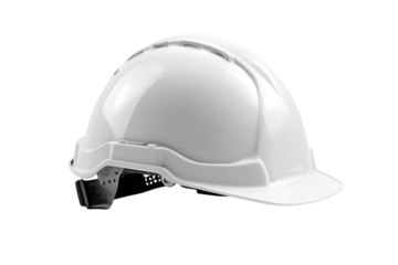 White hard hat construction safety equipment isolated on transparent background. White hard hat protective safety helmet for construction industry workers isolated on white background.
