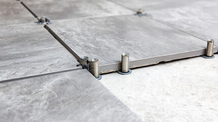 Installation of gray ceramic floor tiles using leveling system. This involves laying the tiles on a concrete surface, ensuring even spacing and alignment, and making adjustments.