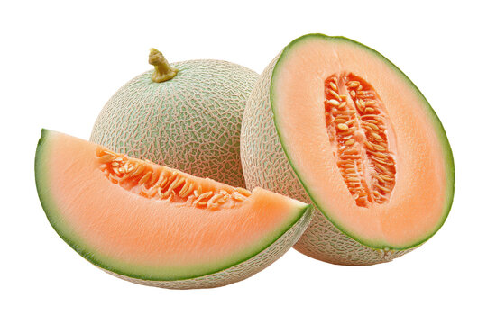 Whole cantaloupe with slices isolated on transparent background. Fresh ripe cantaloupe melon cut in half and sliced isolated on white background.