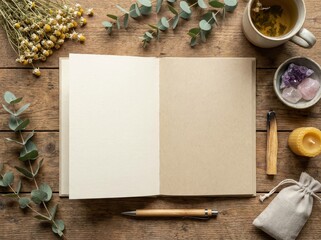 Open blank notebook with pen and dried flowers on wooden table