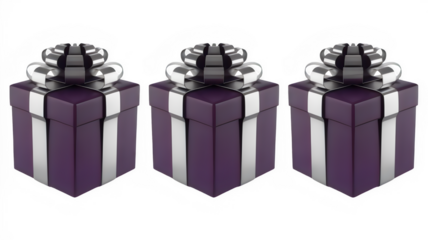 Gift Box Trio: Three exquisitely wrapped purple gift boxes, adorned with shimmering silver bows, stand side-by-side, perfect for presenting surprise or celebrating special occasion.