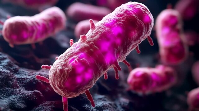 Close up 3D render of pink rod shaped bacteria with flagella on dark textured surface.