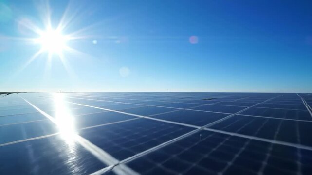 Solar panel array under bright sun and clear blue sky