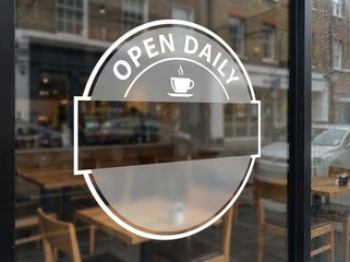 Open Daily Cafe Sign on Glass Door with Coffee Cup Icon