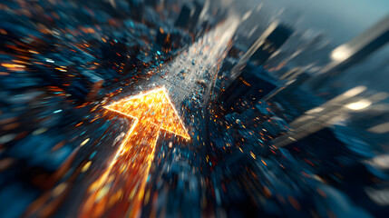 Abstract arrow of light over blurred cityscape representing business transformation and decision intelligence, speed, data-driven direction and strategic change.