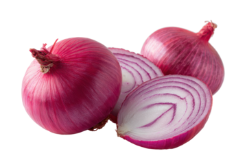 Fresh red onions whole and halved isolated on transparent background. Fresh ripe red onions one whole and one halved isolated on white background.