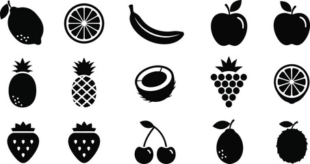 fruit silhouette icons – apple, banana, pear, watermelon, strawberry, grapes © CreatAr8
