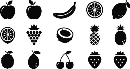 fruit silhouette icons – apple, banana, pear, watermelon, strawberry, grapes © CreatAr8
