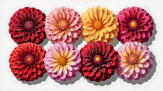 A vibrant set of colorful dahlia, daisy, and gerbera flowers bloom in a garden, featuring a beautiful floral bouquet of pink, orange, and purple petals isolated on a natural summer background. - Powered by Adobe