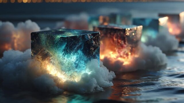 Illuminated Cubes in a Dreamscape: Mystical illuminated cubes float amidst ethereal clouds and tranquil water, creating a surreal and mesmerizing scene of fantasy and wonder.