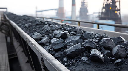 Raw coal on a conveyor belt, ready for processing. The scene is dominated by the dark, chunky coal against the backdrop of an industrial landscape. An image of energy and industry.