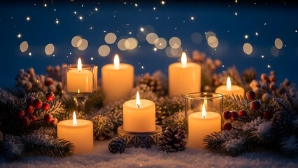 Warm Glowing Candles with Snowy Pine Branches and Red Berries for Christmas isolated PNG with Transparent Background