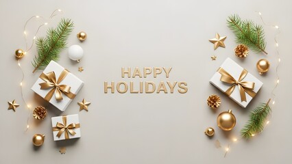 Happy Holidays Gold Text with White Gift Boxes and Green Pine Decor