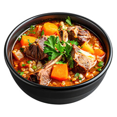 A rustic serving of classic lamb and barley hotpot in a deep bowl, a simple yet satisfying dish isolated on a white background