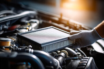 Fototapeta premium Automotive air filter replacement in progress under warm sunlight