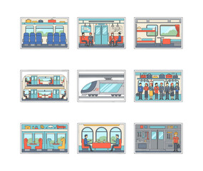 People traveling by train in various interior wagons