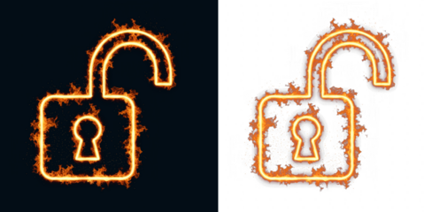 Unlocked padlock icon in flames signaling access granted and privacy settings, visual control for login screens, account permissions and data sharing approvals and safety alerts across apps