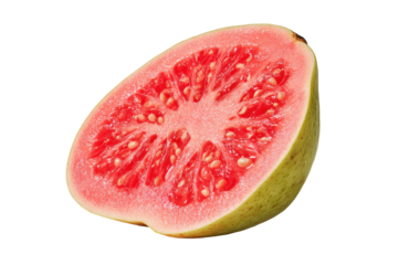 Half of a ripe pink guava fruit isolated on transparent background. Fresh ripe pink guava fruit halved revealing juicy pulp and seeds isolated on white background.