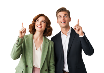 Business coworkers pointing upward to highlight empty headline space for announcement text, two partners indicating information area for promotion notice and direction cue in advertising layout