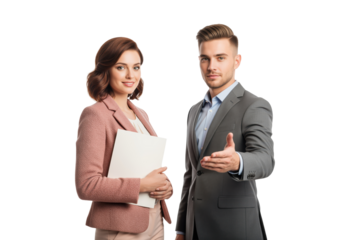 Handshake invitation from sales manager while colleague holds contract folder, client intake meeting for service agreement review and deal negotiation with copy space on isolated background