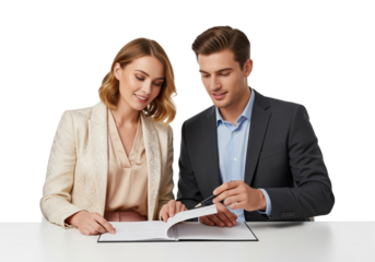 Legal contract signing process between bank manager and female client during professional financial consultation regarding mortgage loan agreement or investment service at office department