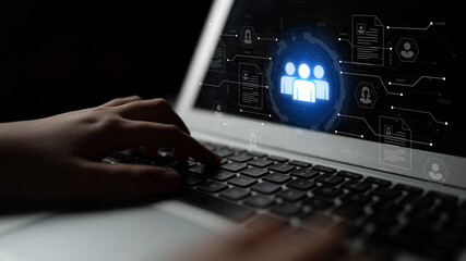 Concept of a digital human resources platform for workforce management. An applicant tracking system helps in team building by organizing employee and candidate profiles. Fermion