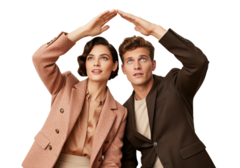 Insurance protection gesture with a couple forming a roof over their heads, people demonstrating home coverage and personal safety for property policy messaging, risk prevention and support