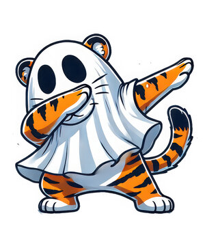 Cartoon tiger wearing a white ghost costume for halloween isolated on transparent background