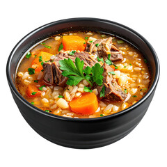 Traditional mutton barley soup, a thick and flavorful broth with chunks of lamb, perfectly cooked and isolated on a pristine white background